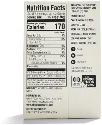 365 by Whole Foods Market, Organic Unsalted Garbanzo Beans, 13.4 Ounce (Pack of 6)