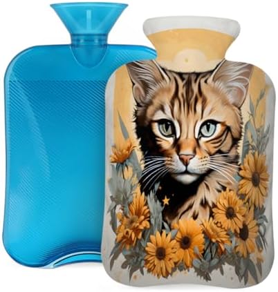 Hot Water Bottle with Cover, Animal Cat Sunflower 2L Hot Water Bag for Hot/Cold Compress, Hand Feet Warmer, Menstrual Cramps, Neck and Shoulder Pain Relief