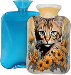 Hot Water Bottle with Cover, Animal Cat Sunflower 2L Hot Water Bag for Hot/Cold Compress, Hand Feet Warmer, Menstrual Cramps, Neck and Shoulder Pain Relief