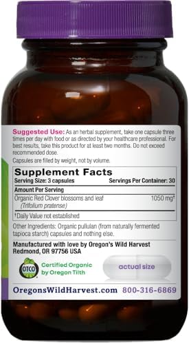 Oregon's Wild Harvest Red Clover Capsules, Non-GMO Organic Herbal Supplements, 90 Count,Organic Red Clover Blossoms and Leaf (Trifolium pratense), Non-GMO Vegan Capsules and Nothing Else