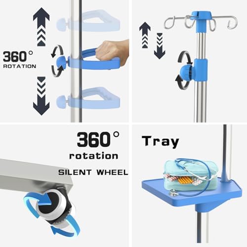 IV Pole on Wheels, 52.3“ to 70.8” Height Adjustable, Infusion Holder with 4 Hooks and Tray, IV Pole Holder for Hospital, Home and Outdoor, 2-Pack