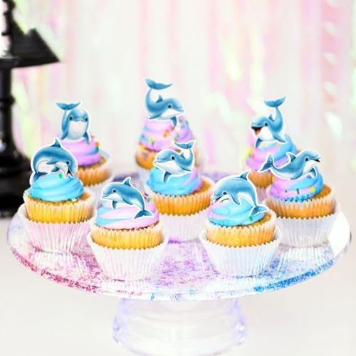 48Pcs Edible Dolphin Cupcake Toppers Ocean Animal Cupcake Picks for Under The Sea Party Decoration Baby Shower Girls Boys Dolphin Birthday Under The Sea Party Supplies