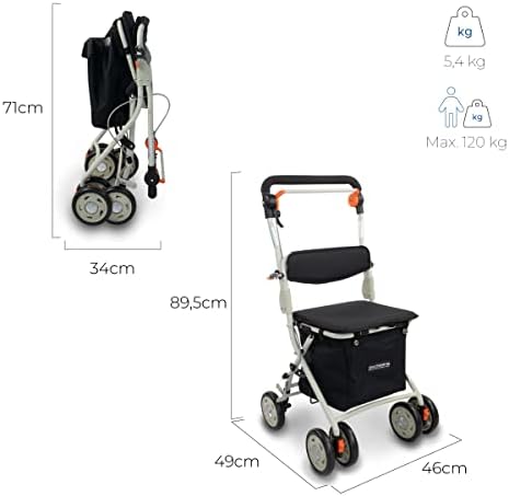 Mobiclinic®, Shopping Trolley with Seat, Mobility Walker, Walker with Wheels, Foldable, Rollator, Steel, Trolley with Backrest, Shopping Trolley on Wheels, Removable Bag, Directional Locking