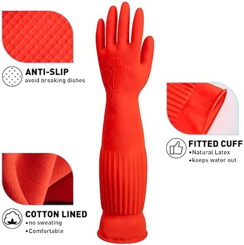 ThxToms Rubber Dishwashing Cleaning Gloves (2-Pair) - Fleece Lined, Reusable, Waterproof with Extra-Long Cuff & Anti-Slip Design for Household & Kitchen Use - Large