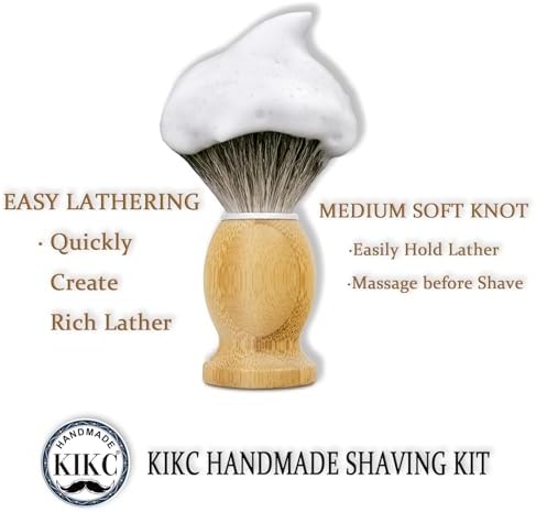 KIKC Hand Crafted Pure Badger Shaving Brush for Wet Shave, Comfortable Bamboo Handle, Soft Bristle, Best Gift for Bearded Man