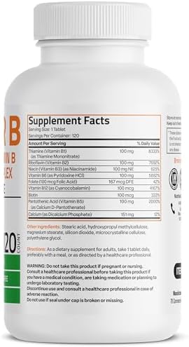 Bronson Super B100 Vitamin B Complex Sustained Release Contains All B Vitamins (Vitamin B1, B2, B3, B6, B9 - Folic Acid, B12), 120 Tablets