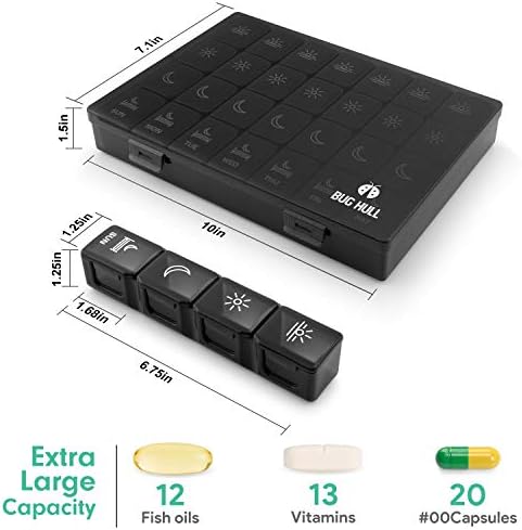 XL Pill Organizer 4 Times a Day,BUG HULL Large Weekly Pill Box for Travelling, Portable Pill Cases 7 Day pill Container Removable Daily Medicine Organizer for Cod-liver oil,Vitamins,Supplements(Black)
