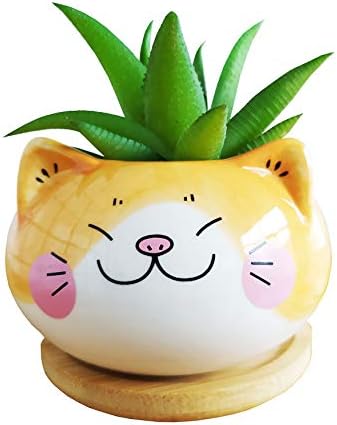 Cuteforyou Cute 3.5 Inches Indoor Cartoon Animal Cat Shaped Ceramic Succulent Cactus Flower Plant Pots with Bamboo Tray-Plant Not Included (Yellow)