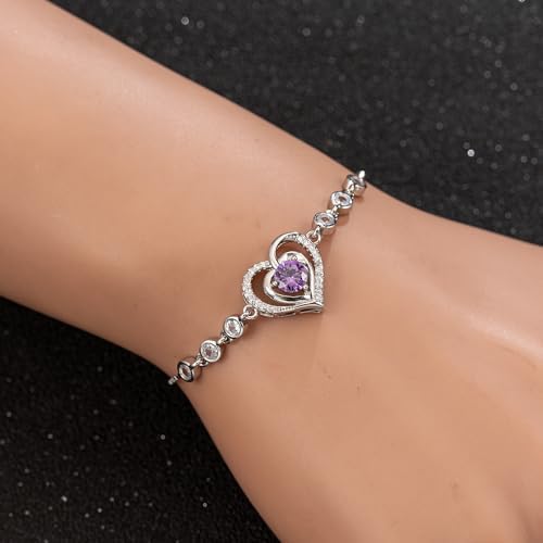 14K White Gold Plated Heart Bracelet for Women, Zircon Inlay Love Heart Charm Chain Bracelet Bangle with Adjustable Length
