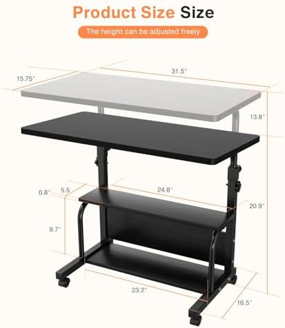 Portable Rolling Desk on Wheels Adjustable Height Desks for Small Spaces, 32" Computer Desk with Storage Shelves for Home Office Black