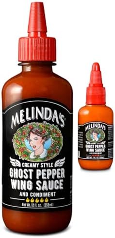 Melinda’s Ghost Pepper Wing Sauce - 1 Pack 12 Oz &Mini - Gourmet Spicy Hot Sauce - Made with Fresh Ingredients, Ghost Peppers (Bhut Jolokia), Habanero Pepper, Carrot, Garlic, Lime - Vegan, Gluten Free