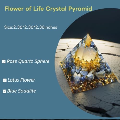 Flower of Life Orgone Pyramid for Positive Energy, Orgonite Rose Quartz&Sodalite Healing Crystal Pyramids for Reduce Stress Chakra Reiki Healing Meditation Attracts Lucky and Success
