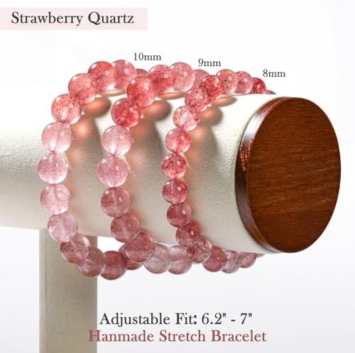 Natural Gemstones Stretch Bracelets Strawberry Quartz Bracelet for Women Lucky Energy Protection Gifts, Gradient Pink