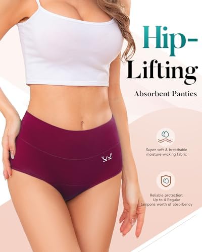 PULIOU Period Underwear for Women Heavy Flow High Waisted Menstrual Panties Teens Cotton Postpartum Hipster 3 Pack Black