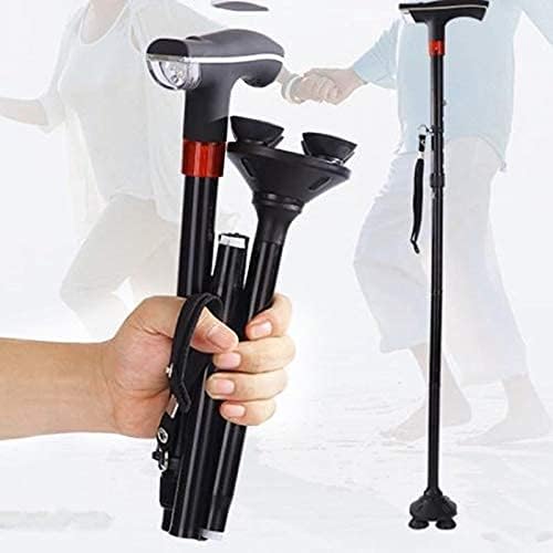 Walking Stick Elderly Folding Walking Cane Aluminum Support Crutches Telescopic Anti Slip Four Leg Adjustable Stick with LED Light SOS Alarm