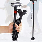 Walking Stick Elderly Folding Walking Cane Aluminum Support Crutches Telescopic Anti Slip Four Leg Adjustable Stick with LED Light SOS Alarm
