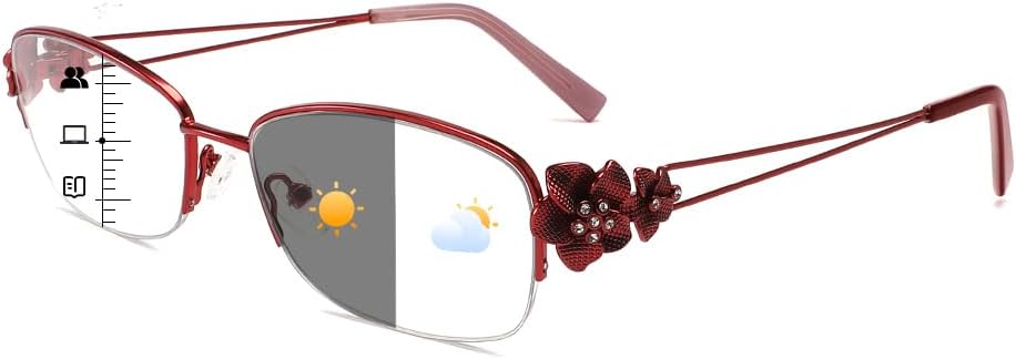 Photochromic Progressive Multifocus Reading Sunglasses for Women, Stylish Metal Half Frame Anti Blue Light Readers