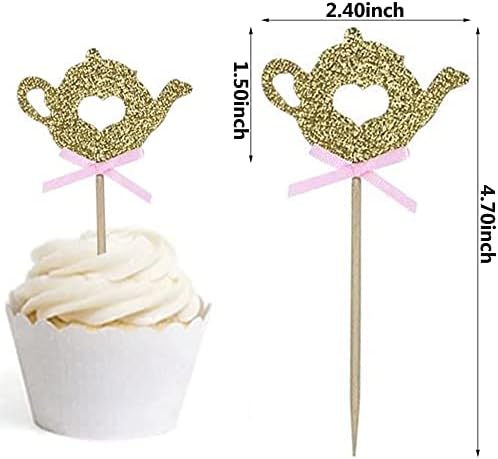 24 PCS Golden Glitter Teapot Cake Cupcake Toppers Picks for Tea Party Baby Shower Wedding Birthday Decorations