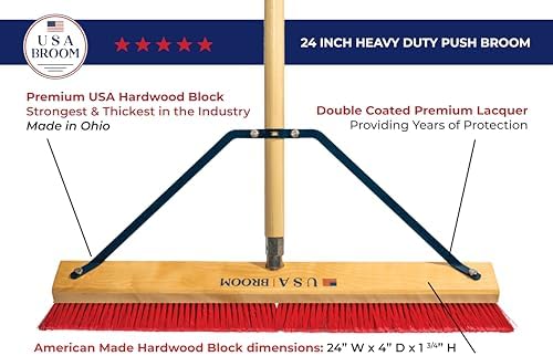 24" Red Everyday Sweep Indoor/Outdoor Push Broom with 60" Handle. Ideal for Garages & Shops. Durable American Made Steel Brackets-All Stainless Steel Hardware. No Plastic. 100% USA Made