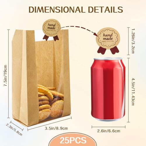 WIKDAY Bakery Bags with Window 25PCS Paper Cookie Bags Small Pastry Bags for Baked Goods Gift Giving Snack Treat Desert Packaging Storage Includes 25PCS Label Seal Stickers 3.5x2.3x7.5in