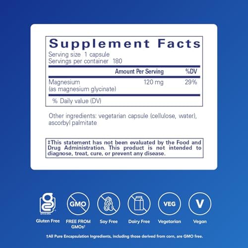 Pure Encapsulations Magnesium (Glycinate) - Supplement to Support Stress Relief, Sleep, Heart Health, Nerves, Muscles, and Metabolism* - with Magnesium Glycinate - 180 Capsules