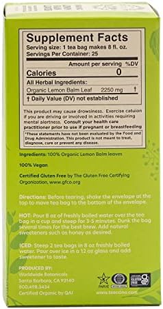 Worldwide Botanicals Organic Lemon Balm Tea, 25 Tea Bags - 50% more herbs with 2.25g per teabag - 100% Pure Lemon Balm Leaves, Kosher