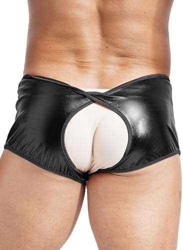 Lejafay Men's Sexy Faux Leather Open Pants Shorts Stretch Tight Jockstraps Boxer Shorts Boyshorts