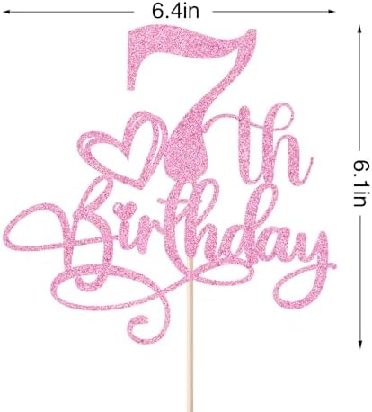 Happy 7th Birthday Cake Topper，Anniversary Party/Boy or Girl Seven Year Old Birthday Party Supplies Pink Glitter