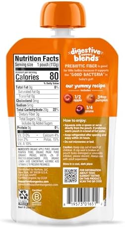 Happy Baby Digestive Support Blends, Organic Stage 2 Baby Food with Prebiotic Fiber, Apple, Pumpkin & Prune, 4 Ounce Pouch (Pack of 16)