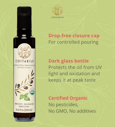 Basil Olive Oil Organic from Puglia, Italy. Basil Infused Extra Virgin Olive Oil from a single source. Perfect for Salad Dressing - COSTABILE 8.45 Fl. Oz.