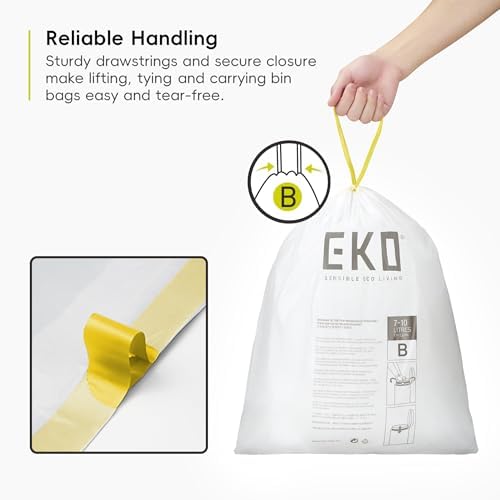 EKO 7-10 Litre Drawstring Bin Bags, Heavy Duty Bin Liners for Slim Kitchen and Bathroom Bins, Leakproof and Tear-Resistant for Waste & Recycling, Unscented Food Waste Bags, 25 Count, Code B, White
