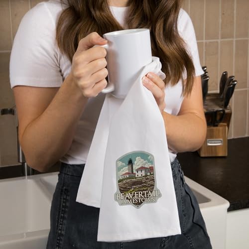 Jamestown, Rhode Island, Letterpress, Beavertail Lighthouse, (100% Cotton Tea Towel, Decorative Hand Towel, for Kitchen and Home)