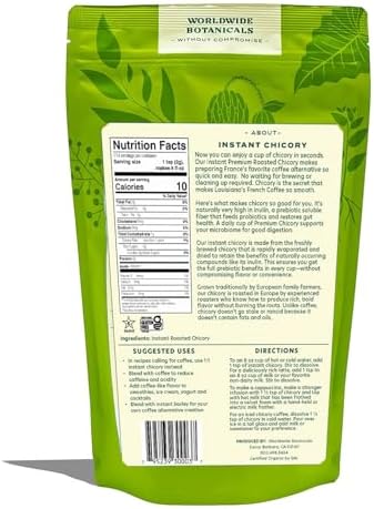 Worldwide Botanicals Instant Chicory Root, 114 servings – Caffeine-free Coffee Alternative - Blend Instant Chicory with Coffee, Prebiotic, Acid-Free, Kosher, Gluten-Free – 8 ounces