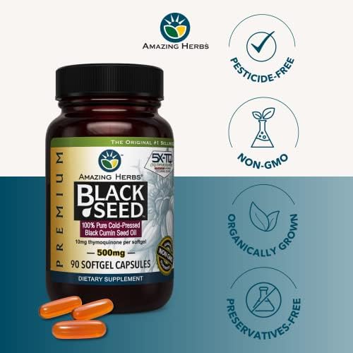 Amazing Herbs Premium Black Seed Oil Capsules - Gluten Free, Non GMO, Cold Pressed Nigella Sativa Aids in Digestive Health, Immune Support- 90 Count, (Pack of 1)
