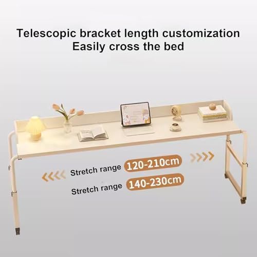 Adjustable Overbed Table, Over The Bed Table with Wheels, King Size Bed Table, Rolling Tray Table for Laptop and Writing, White Wood color