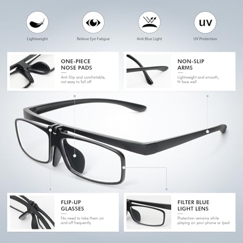 MMOWW 2 Pack Flip Up Reading Glasses for Close Work Lightweight Blue Light Blocking Readers for Men Women