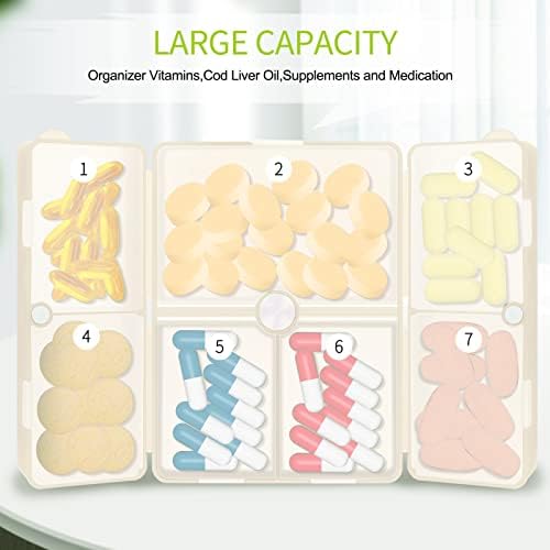 FYY Daily Pill Organizer,7 Compartments Portable Case [Folding Design] Travel Pill Box for Purse Pocket to Hold Vitamins,Cod Liver Oil,Supplements and Medication-White