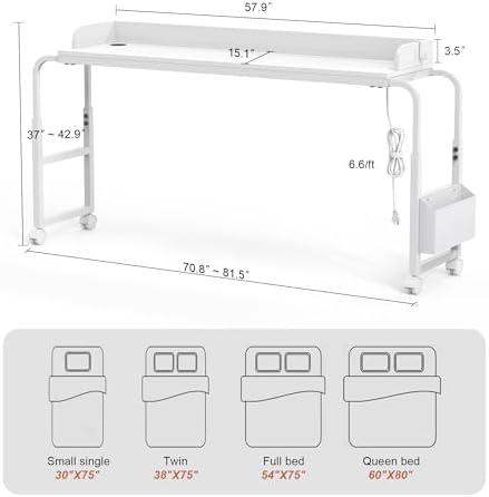 Overbed Table with Wheels, Mobile Bed Table with Adjustable Height Length, Desk for Bed Queen Size with Charging Station and LED Light, Rolling Table for Eating, Laptops, Hospitals