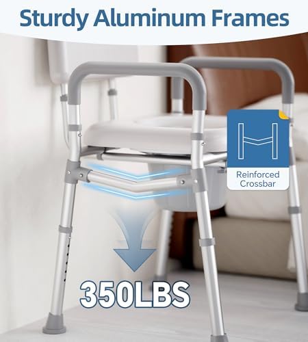 HOMLAND Bedside Commode with Padded Seat and Backrest, Aluminum Commode Toilet with Bucket, Easy Cleaning Portable Toilet for Adults and Seniors, 350 lb Capacity Enhanced Crossbar