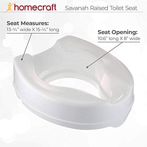 Homecraft Savanah Raised Toilet Seat with Lid, 4" Elevated Seat for Seniors, Universal Fit for Most Standard Toilets, Portable & Tool-Free, Seat Riser, Ergonomic Design, White