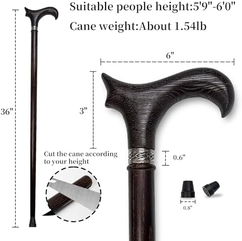Wooden Walking Stick Cane for Men, Women, & Seniors Handmade Crutches for Adults Single Point Rubber Tip Pimp Canes for Balance & Stability, Ergonomic