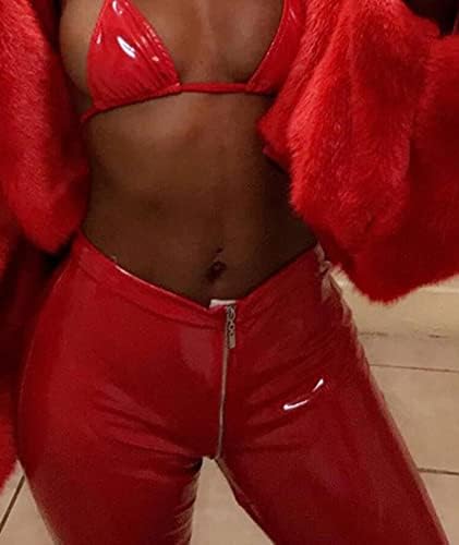 SEMATOMALA Women's Latex Zipper Crotch Leggings Sexy PVC Faux Leather Shiny Wet Look Black Red Tight Lingerie Pants