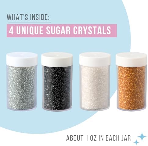 Sweets Indeed Metallic Sugar Crystals 4-Pack – 4.52 oz | Black, Gold, Silver & White Sparkling Sugars in Individual Jars | Premium Baking & Decorating Sugars for Holidays, Parties & Desserts