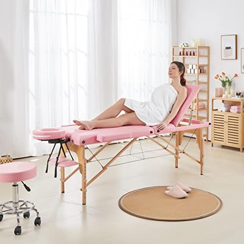 Yaheetech Massage Tables Portable Adjustable Massage Bed Foldable Spa Lash Table 3 Folding 84 Inch Salon Facial Bed with Non-Woven Bag, Pink