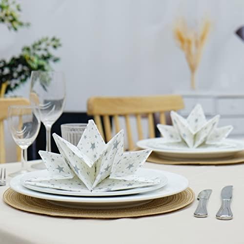 Star Shaped Origami Dinner Napkins with Silver Stars on White (Disposable) - 12 Pack, 23" x 15", 3-Ply Paper - Style Name: Pop Gaze