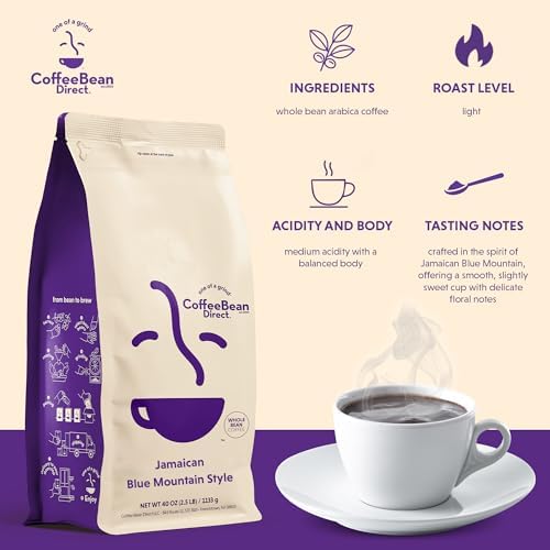 Coffee Bean Direct Jamaican Blue Mountain Style, Whole Bean Coffee, Arabica Coffee Blend, Light Roast, 2.5 Pound Bag (Pack of 1)