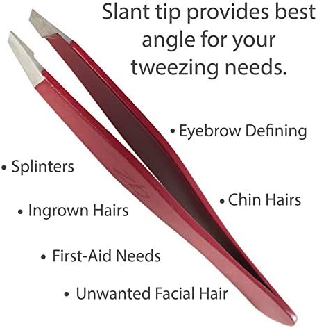 Tweezers – Surgical Grade Stainless Steel - Slant Tip for Expert Eyebrow Shaping and Facial Hair Removal – with Protective Pouch - Best Tweezer for Men and Women (Ruby Red)