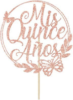 Mis Quince Anos Cake Topper, Feliz 15 Anos, 15th Birthday Cake Topper, Hello 15, Happy 15th Birthday Party Decorations (Rose Gold Glitter)