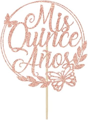 Mis Quince Anos Cake Topper, Feliz 15 Anos, 15th Birthday Cake Topper, Hello 15, Happy 15th Birthday Party Decorations (Rose Gold Glitter)