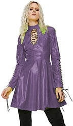 Women PVC Long Sleeve Dress Vinyl Hollow Out A-Line Dress High Waist Above Knee Mini Party Dress,Dark Purple,L
